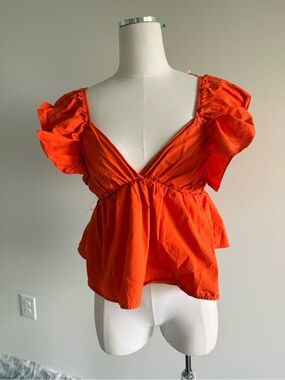 Women's Orange Puff-Sleeve V-Neck Top